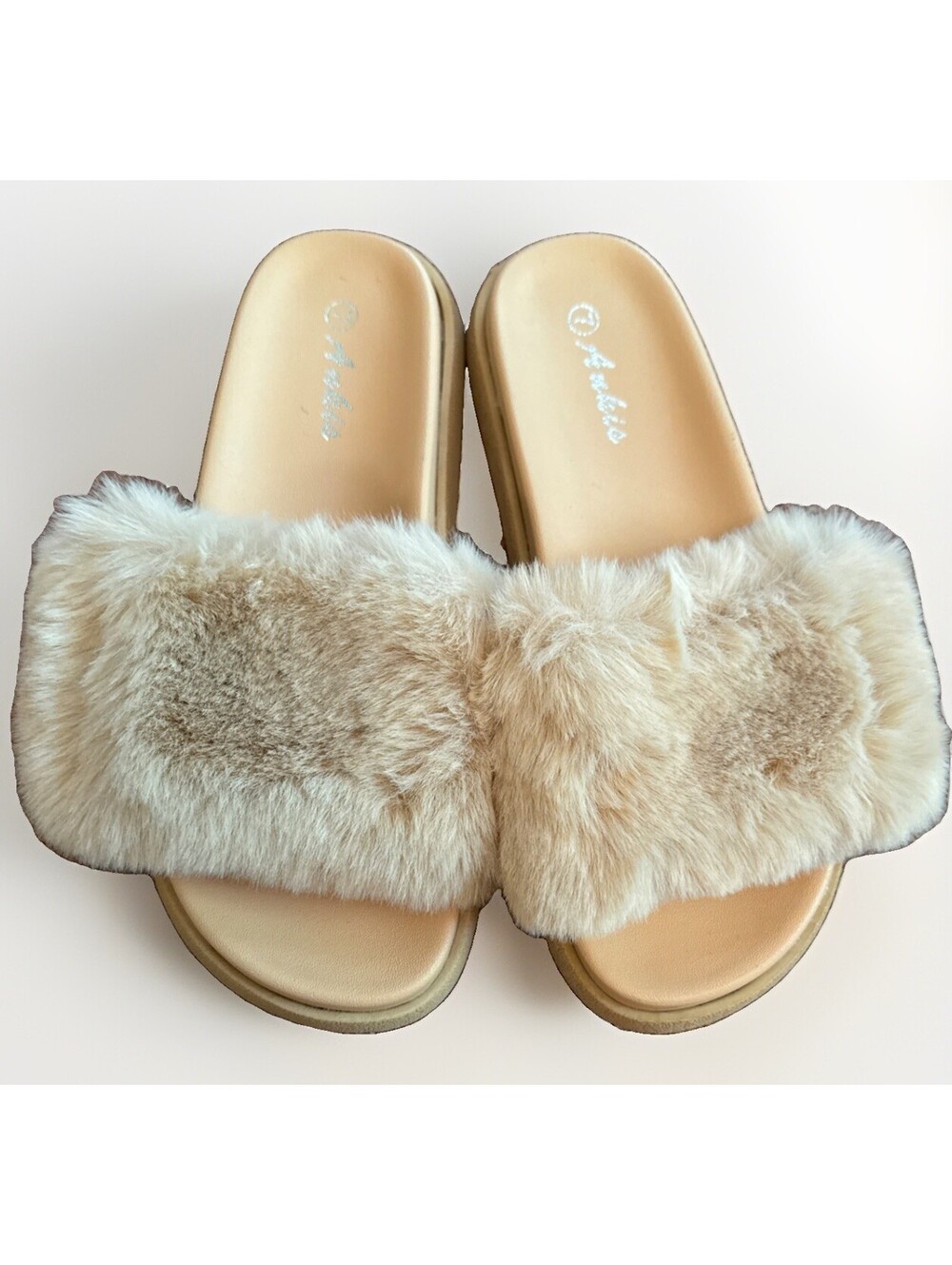 New Ankis Light Tan Faux Fur Indoor Outdoor Slides Sandals House Slippers Sz 8